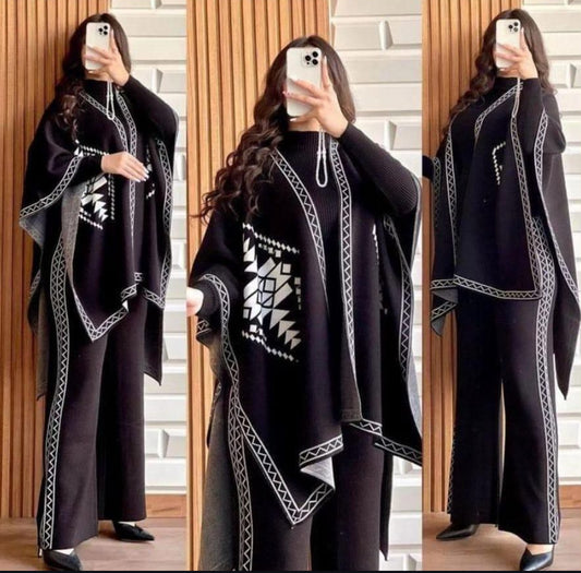 ZCc-30 READY TO WEAR WINTER 3 PIECE FLEECE SUIT CAPE SHAWL HIGH NECK & TROUSER