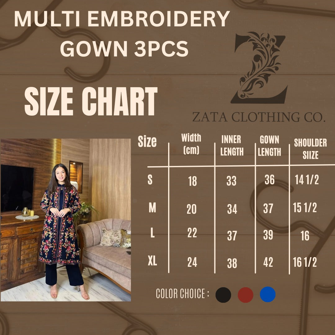 MULTI EMBROIDERY GOWN 3Pcs